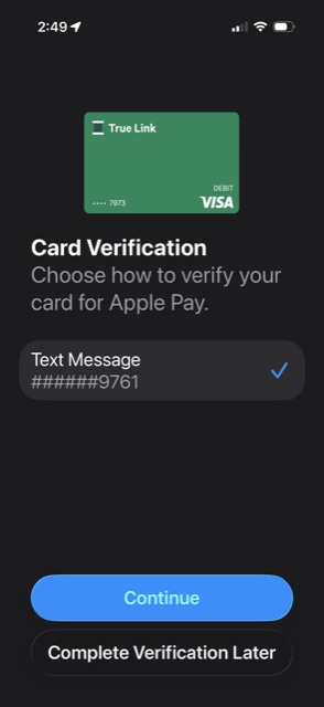 The Card Verification screen showing the green True Link card and Text Message selected as the verification method, with a masked phone number.