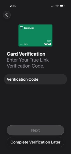 The Card Verification screen with an empty Verification Code field and a disabled Next button.