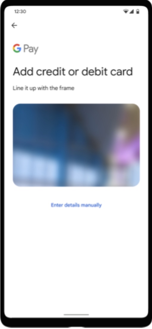 The Add credit or debit card screen showing a camera viewfinder with the instruction to line the card up with the frame, and an Enter details manually link.